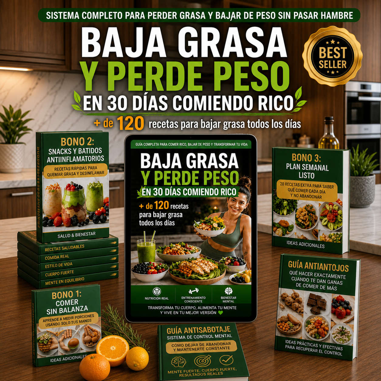 BAJA GRASA Y PERDE PESO en 30 días sin dietas extremas! + 120 recetas + 3 Bonos + GUÍA Antiantojos